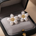 White Pearl Look Five Petal Gold Center Stud Earrings view 3