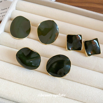 Dark Green Geometric Stud Earrings in Round or Square Shapes