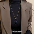 Gold Tone Cross Pendant Necklace With Brown Cabochon Center view 3