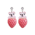 Pink Strawberry Bear Drop Earrings with Crystal Studs view 5