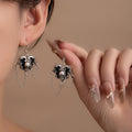 Black Skull Heart and Chain Silver Tone Hook Earrings view 1