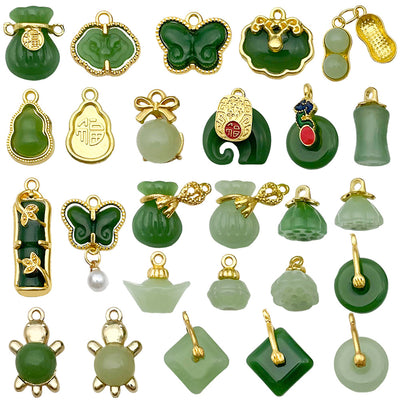 Colorful assorted shape charms arranged on a light background