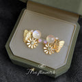 Gold Tone Butterfly Daisy And Pink Purple Round Stone Stud Earrings view 3