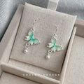 Mint Green Enamel Butterfly Hook Earrings Pearl Drop view 3
