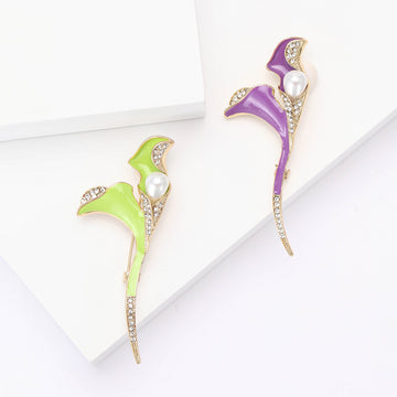 Enamel Calla Lily Brooch Pearl Rhinestone Green Purple