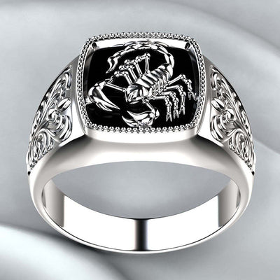 Silver-tone black enamel scorpion signet ring