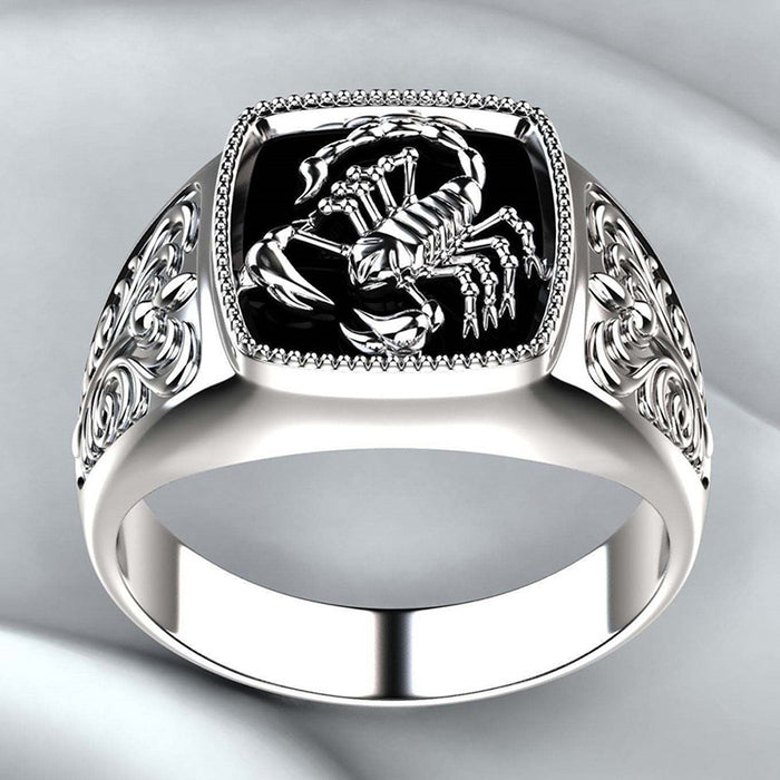 Black Enamel Scorpion Signet Ring In Gold And Silver Tones