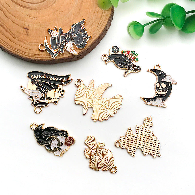 Enamel Zinc Alloy Halloween Skull Moon Crow Charm Pendant for DIY Bracelet Jewelry Making