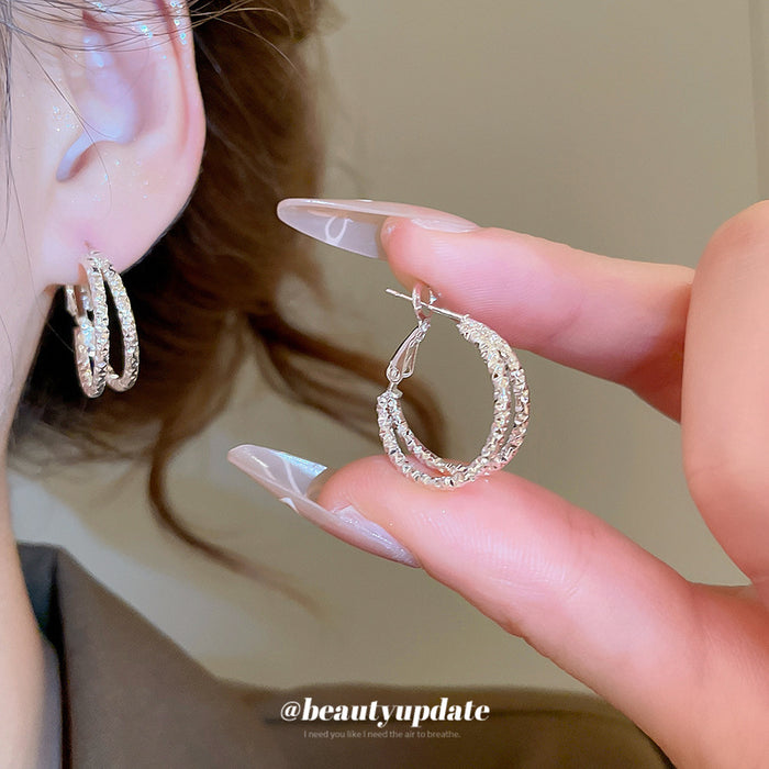 Silver Tone Double Textured Hoop Leverback Earrings
