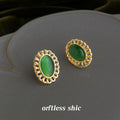 Gold Filigree Oval Green Cat Eye Stud Earrings Pair view 4