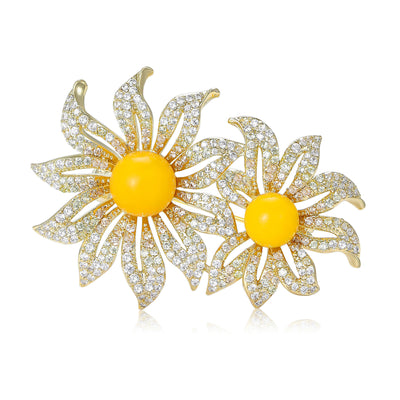 Gold dual daisy flower brooch yellow centers clear crystal petals front view