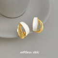 Gold Tone White Double Layer Curved Chunky Stud Earrings view 4