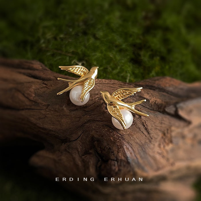 Gold Tone Bird And White Pearl Earrings In Stud And Clip On Styles
