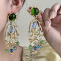 Green Blue and Gold Branch Chandelier Stud Earrings view 1
