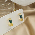 Gold Textured Green Stone Irregular Half Hoop Earrings view 2