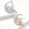 Fairy on Crescent Moon Brooch Pink Stones Gold Silver view 2