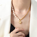 Asymmetric Pearl Gold Curb Chain Heart Pendant Necklace view 1