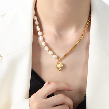 Asymmetric Pearl Gold Curb Chain Heart Pendant Necklace