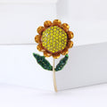 Yellow Crystal Sunflower Brooch Amber Petals Green Leaves view 2