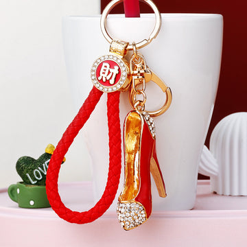 Jeweled Stiletto Shoe Keychains with Braided Loops and Faux Fur Poms
