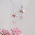 Silver Tone White Flower And Pink Round Stone Drop Stud Earrings view 1