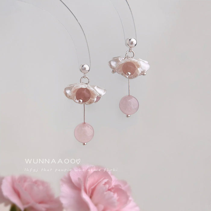 Silver Tone White Flower And Pink Round Stone Drop Stud Earrings