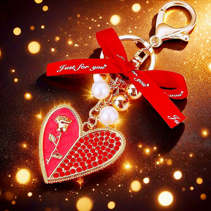 Rose Heart Keychains with Pearl Cluster Bow in Five Colors plus Assorted