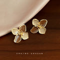 Gold Enamel Four Petal Flower Stud Earrings Two Colors view 6