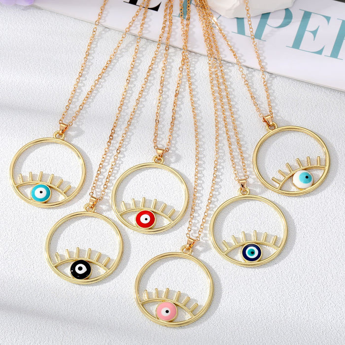 Gold Tone Open Circle Lash Evil Eye Pendant Necklaces