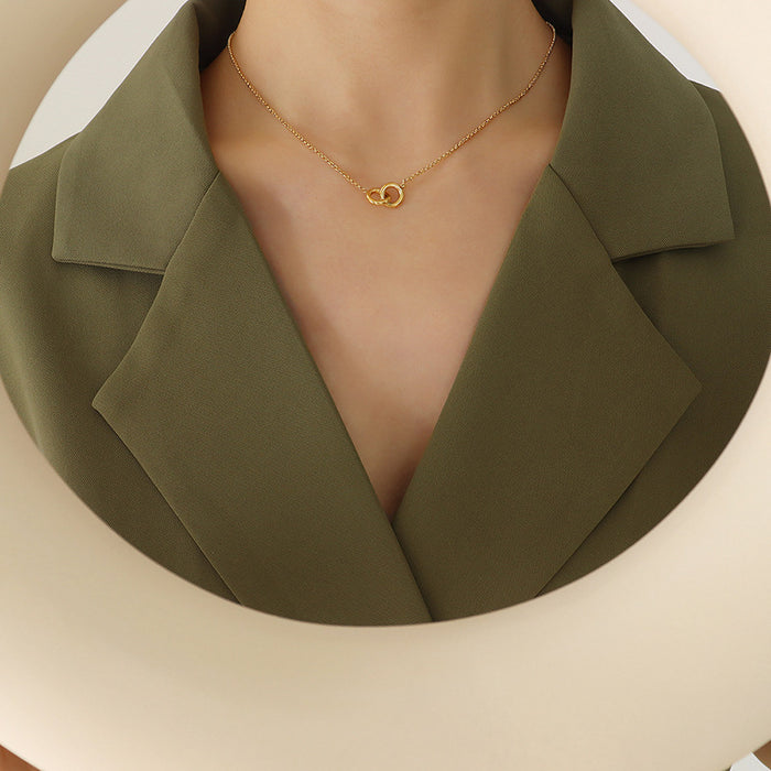 Gold Interlocking Double Ring Pendant Necklace Metal Alloy