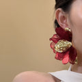 Burgundy And Blush Chiffon Flower Statement Stud Earrings view 4
