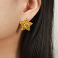 Textured Star Stud Earrings Raised Center Gold Steel view 1