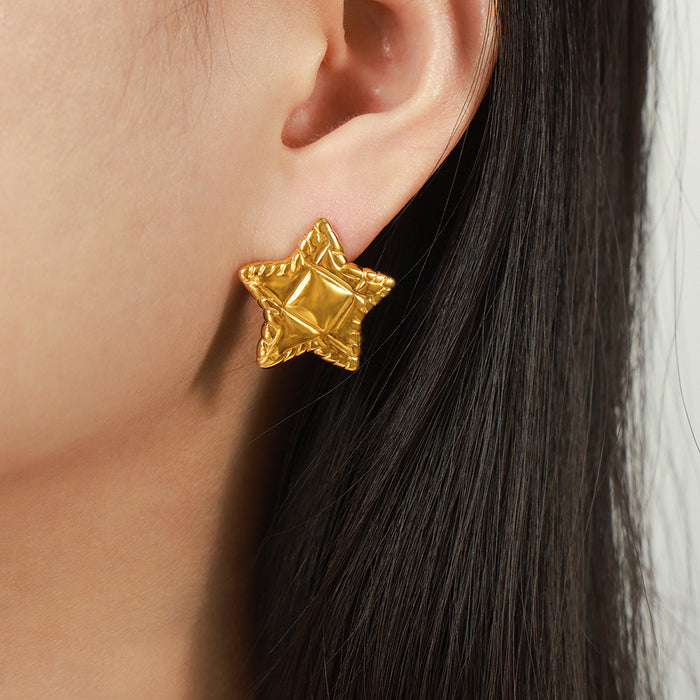 Textured Star Stud Earrings Raised Center Gold Steel