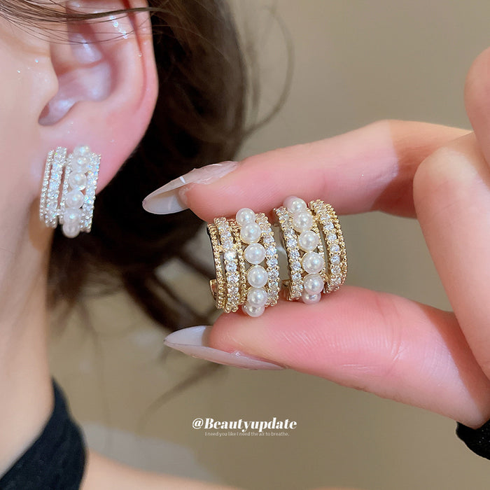 Faux Pearl Crystal Clip Earrings in Two Tones with Crystal Accents