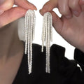 Silver Tone Crystal Fringe Stud Earrings with Long Tassels view 5