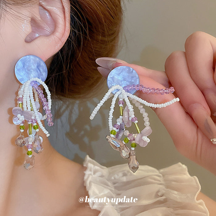 Blue Purple Floral Bow and Crystal Tassel Earrings