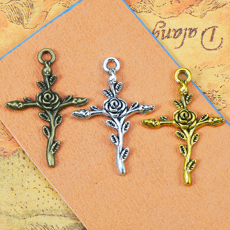 35x24mm Vintage Alloy Cross Rose Charm Pendant