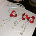 Red Flower Pearl Double Strand Choker Drop Earrings view 4