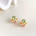 Gold Tone Pastel Stone And White Flower Cluster Stud Earrings view 3