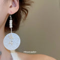Translucent Shell Disc and Pearl Bead Statement Drop Earrings view 3