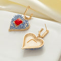 Blue Heart Red Square Gold Tone Statement Huggie Earrings view 3
