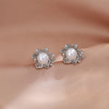 Silver Tone Textured Flower Pearl Look Stud Earrings view 2