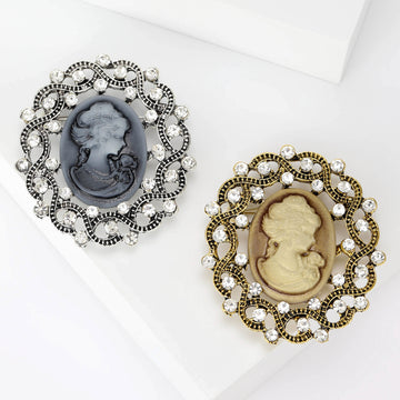Round Cameo Portrait Brooch With Open Crystal Border