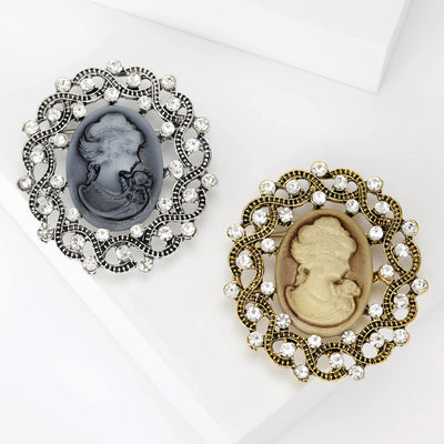 Round Cameo Portrait Brooch With Open Crystal Border shown from the front on a white background