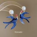 Blue Enamel Swallow Pearl Drop Earrings Gold Tone Pair view 4