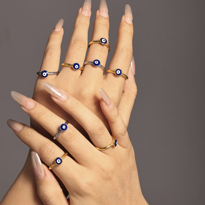 Blue Evil Eye Oil Drip Rings Hammered Band Gold Steel Multi Size