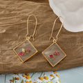 Gold Tone Square Clear Resin Pressed Flower Long Hook Earrings view 10