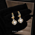 Gold Double Band Huggie Earrings With Zircon Ball Drop view 3