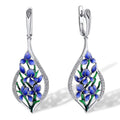 Blue Floral Enamel Openwork Long Drop Earrings In Silver Tone view 2