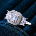 Silver Tone Princess Cut Clear Stone Halo Ring Statement Jewelry view 3